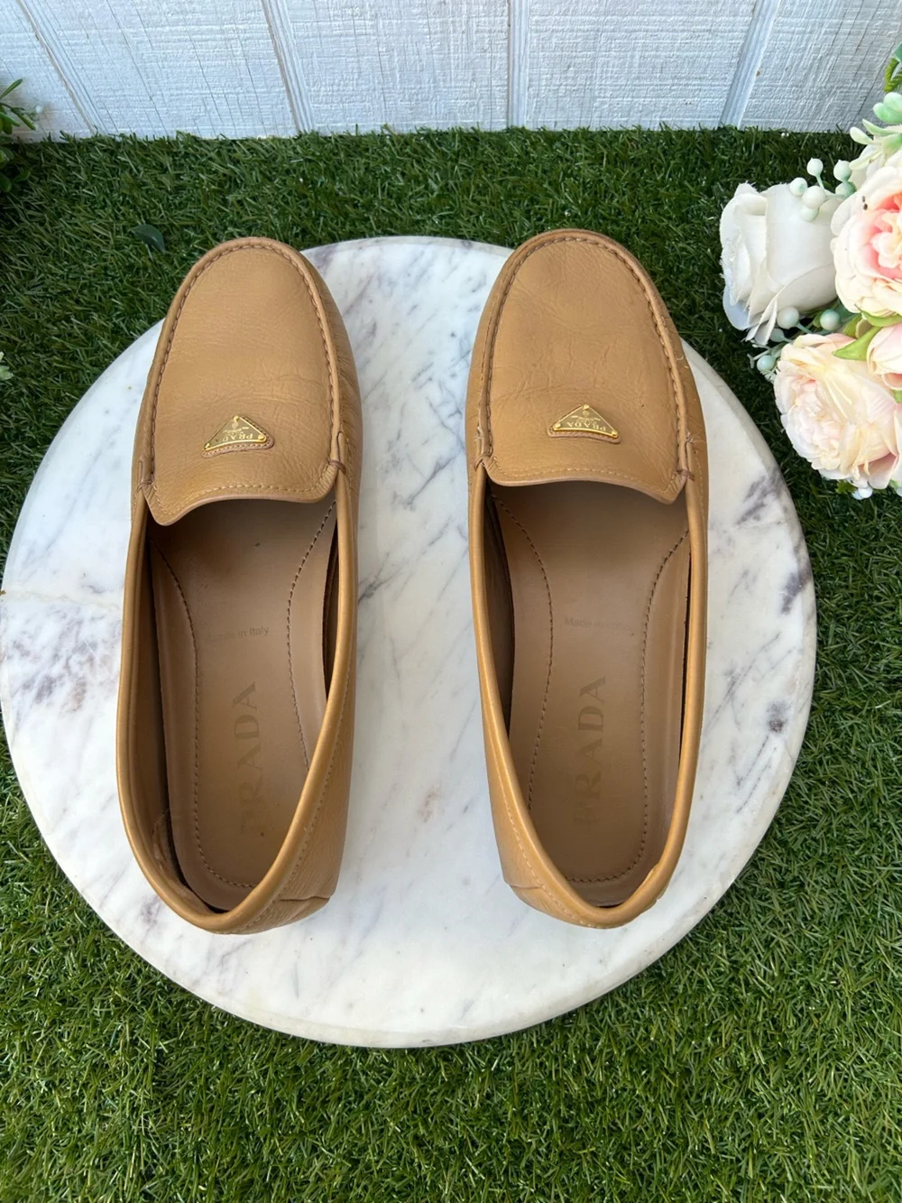 Prada Triangle Logo Driving Loafer Women 41 US 11 gently used  camel brown